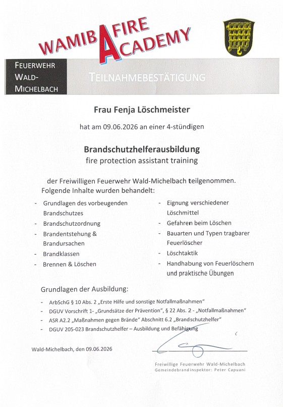Beispiel einer Teilnahmebestätigung der Brandschutzhelferausbildung